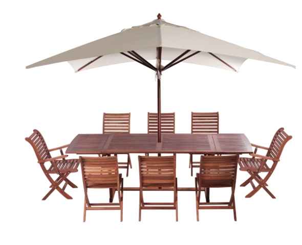 Packham tafel met 8 stoelen plus parasol van eucalyptushout