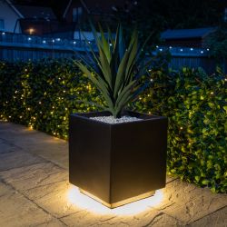45cm, Fibrecotta Kubus Plantenbak met LED Lichtjes - Zwart
