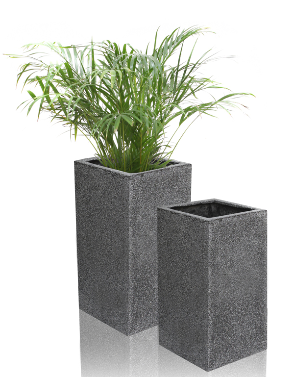 Zwarte Poly-Terrazzo Hoge Kubus Plantenbak - Set van 2 - H60cm/H79cm