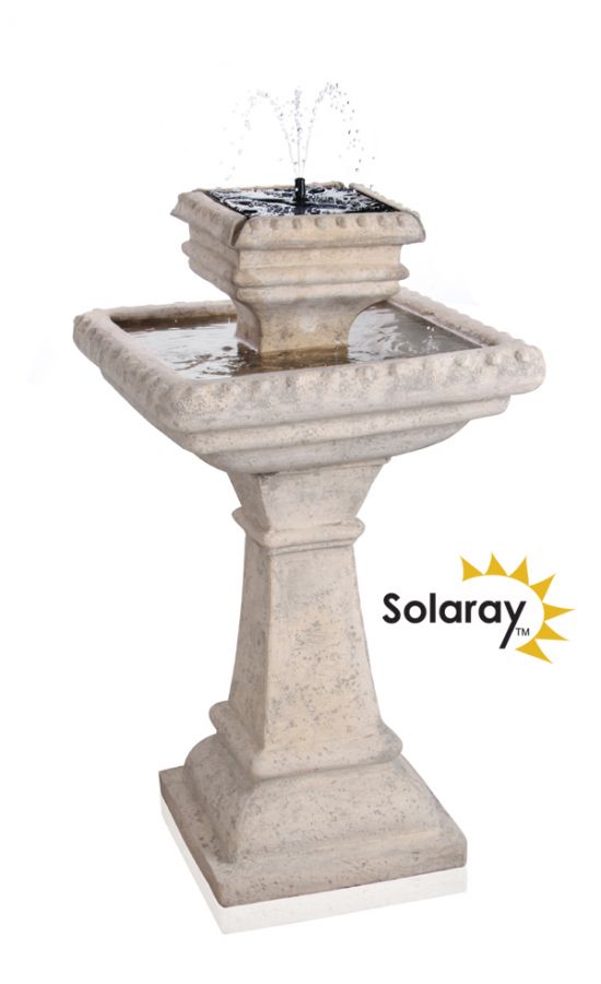 Solaray™ -  2 Laags  Vogelbad van Pizzaro, Caststone™, in Antieke Afwerking, op Zonne-energie met Led-verlichting